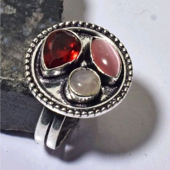 Garnet Rose Quartz Ethnic Handmade Ring Jewelry US Size 8.25 - Picture 5 of 5